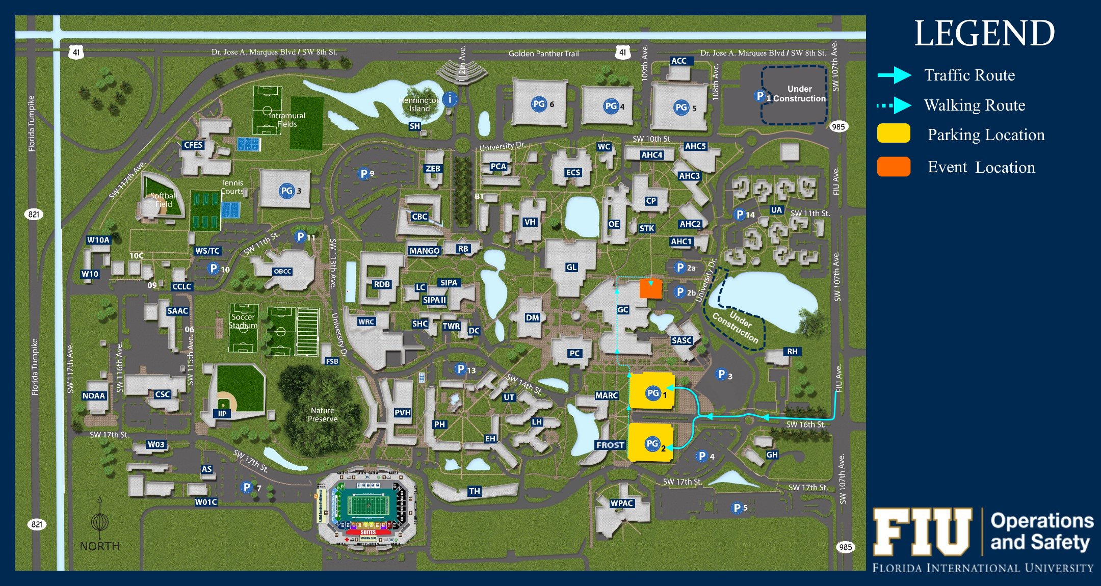 Parking Map view of FIU, guiding attendees to park at Blue & Gold Parking Garage.